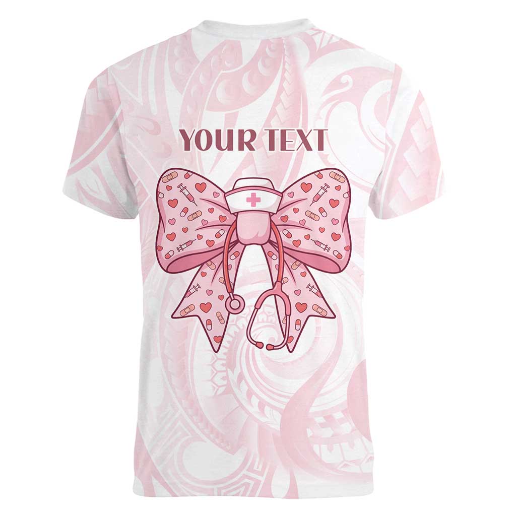 New Zealand Nurses RN Personalised Women V-Neck T-Shirt Pink Stethoscope Coquette Bow Maori Motif