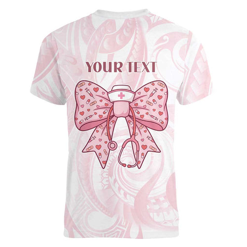 New Zealand Nurses RN Personalised Women V-Neck T-Shirt Pink Stethoscope Coquette Bow Maori Motif