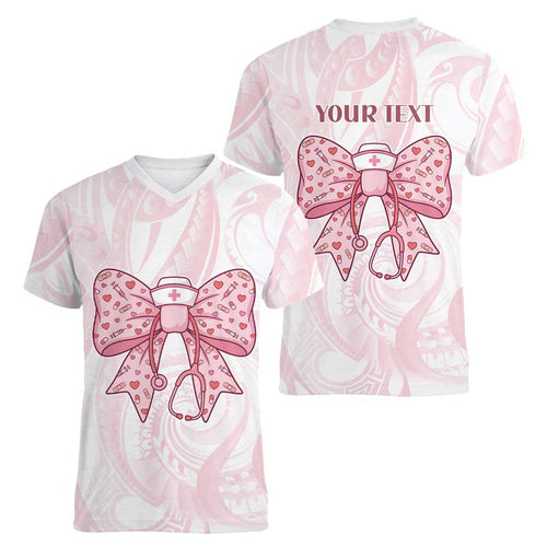 New Zealand Nurses RN Personalised Women V-Neck T-Shirt Pink Stethoscope Coquette Bow Maori Motif