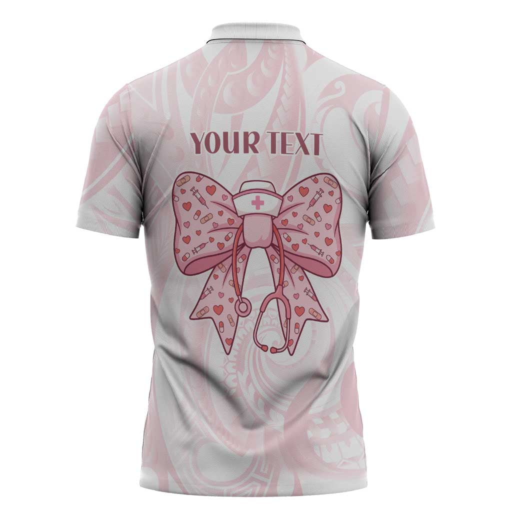 New Zealand Nurses RN Personalised Zipper Polo Shirt Pink Stethoscope Coquette Bow Maori Motif