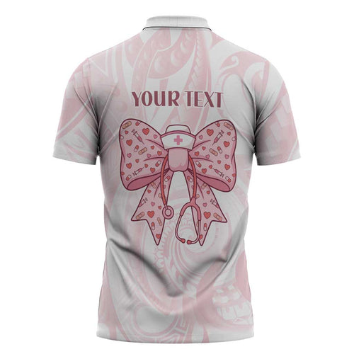 New Zealand Nurses RN Personalised Zipper Polo Shirt Pink Stethoscope Coquette Bow Maori Motif