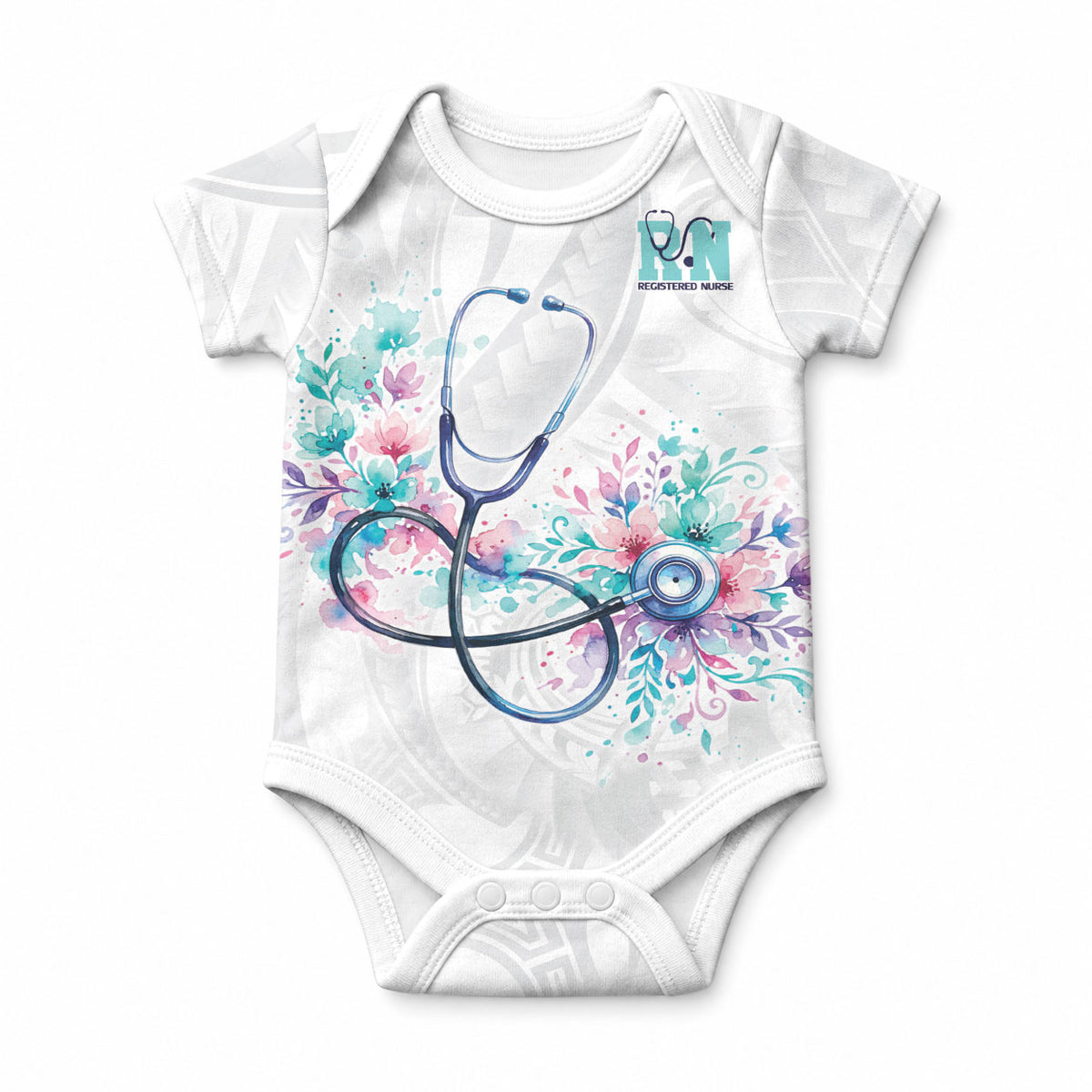 New Zealand Nurses RN Personalised Baby Onesie Stethoscope Floral Maori Motif