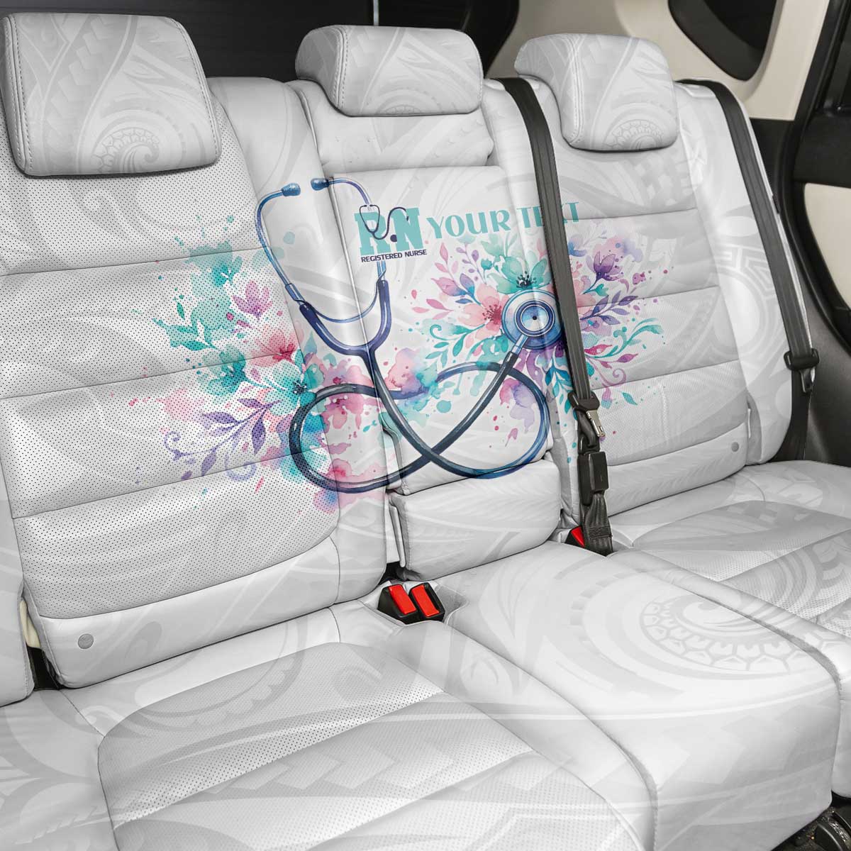 New Zealand Nurses RN Personalised Back Car Seat Cover Stethoscope Floral Maori Motif