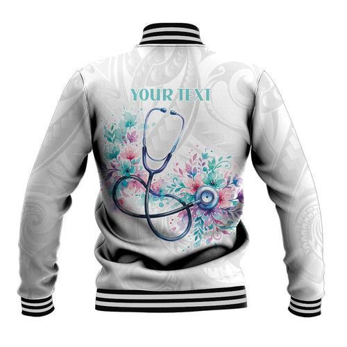 New Zealand Nurses RN Personalised Baseball Jacket Stethoscope Floral Maori Motif