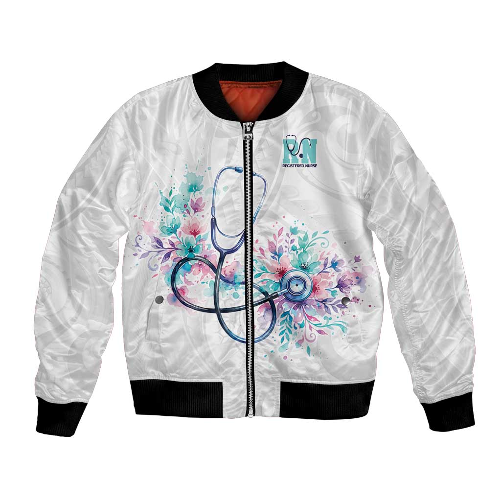 New Zealand Nurses RN Personalised Bomber Jacket Stethoscope Floral Maori Motif