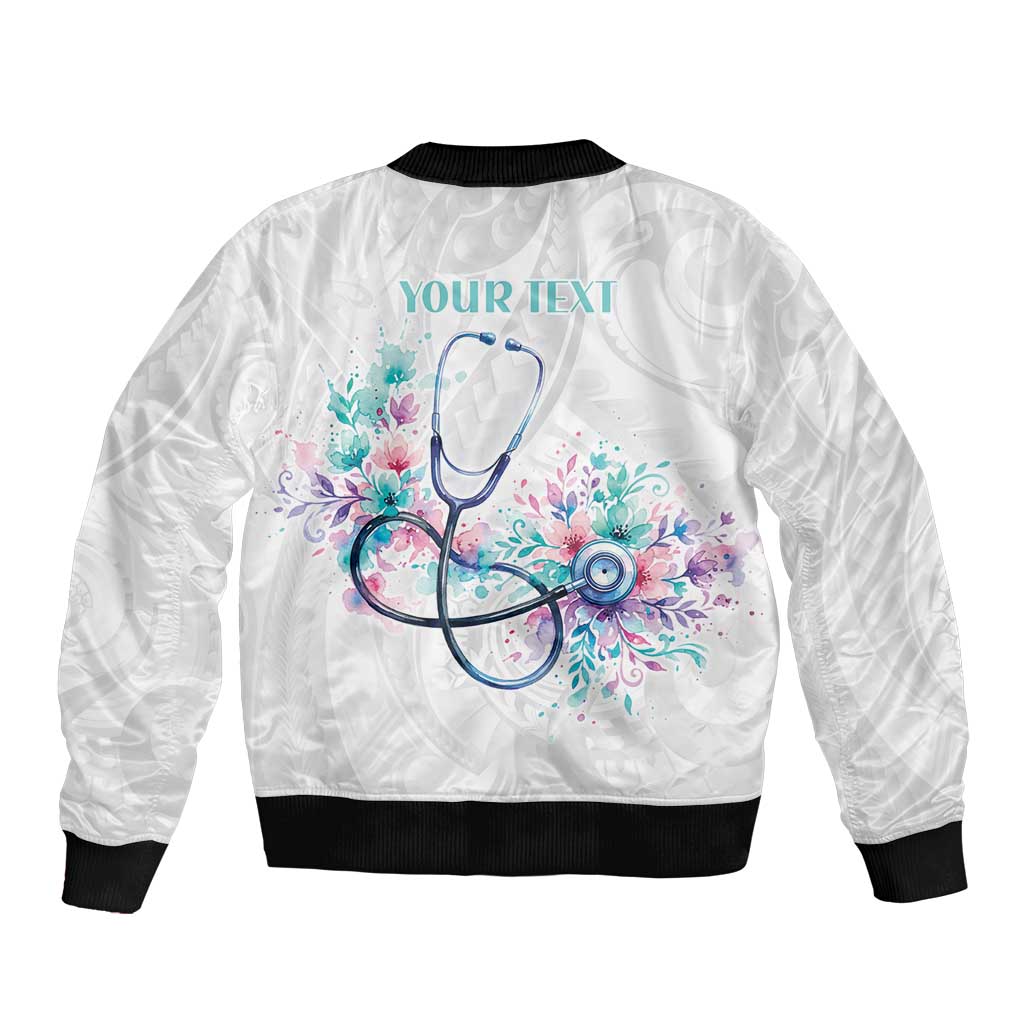 New Zealand Nurses RN Personalised Bomber Jacket Stethoscope Floral Maori Motif