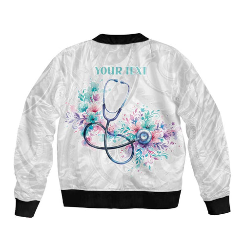 New Zealand Nurses RN Personalised Bomber Jacket Stethoscope Floral Maori Motif