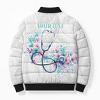 New Zealand Nurses RN Personalised Bomber Puffer Jacket Stethoscope Floral Maori Motif