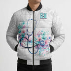 New Zealand Nurses RN Personalised Bomber Puffer Jacket Stethoscope Floral Maori Motif