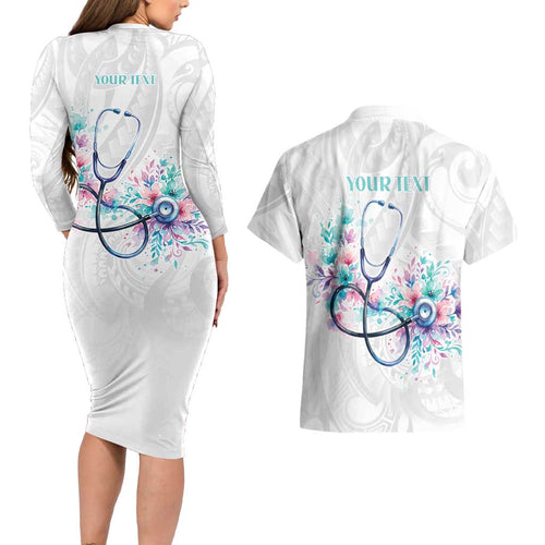 New Zealand Nurses RN Personalised Couples Matching Long Sleeve Bodycon Dress and Hawaiian Shirt Stethoscope Floral Maori Motif