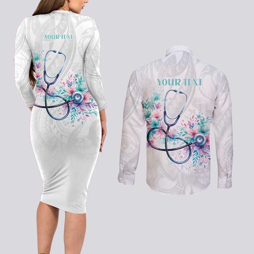 New Zealand Nurses RN Personalised Couples Matching Long Sleeve Bodycon Dress and Long Sleeve Button Shirt Stethoscope Floral Maori Motif