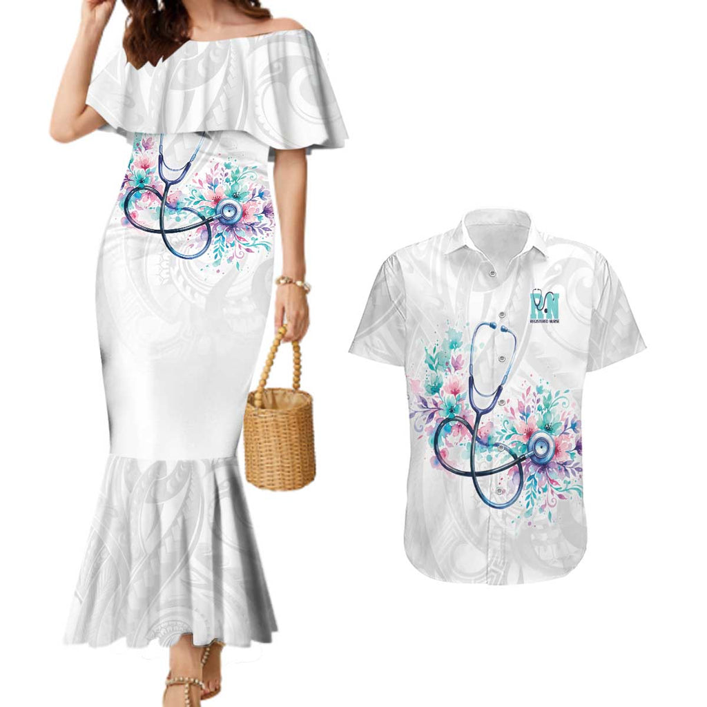 New Zealand Nurses RN Personalised Couples Matching Mermaid Dress and Hawaiian Shirt Stethoscope Floral Maori Motif