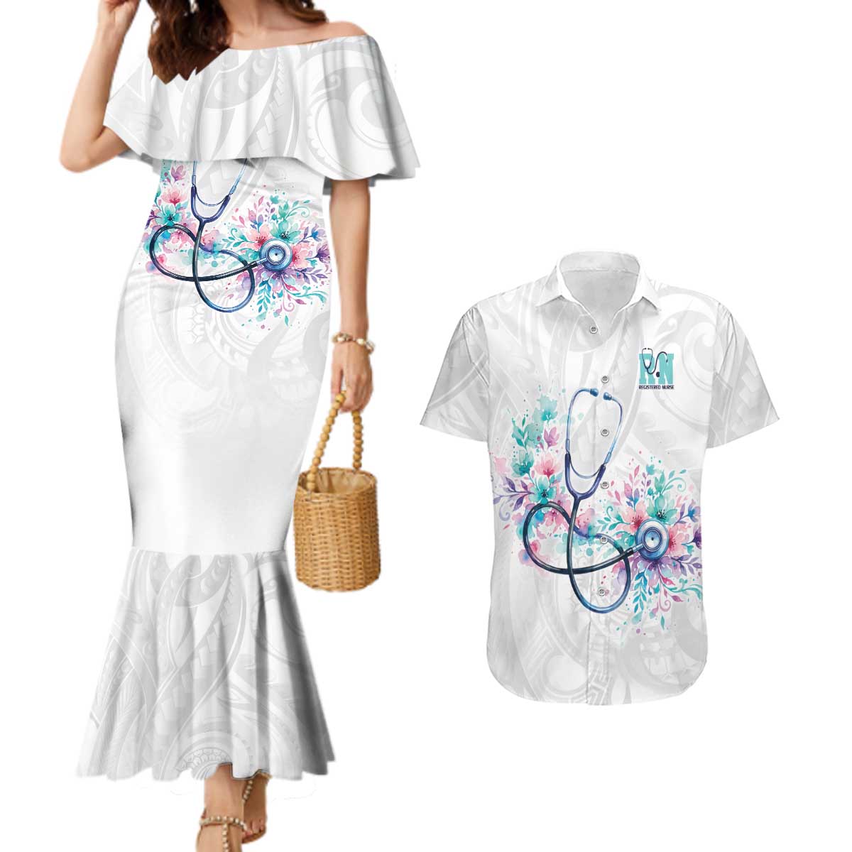 New Zealand Nurses RN Personalised Couples Matching Mermaid Dress and Hawaiian Shirt Stethoscope Floral Maori Motif