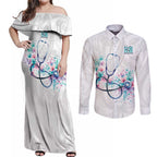 New Zealand Nurses RN Personalised Couples Matching Off Shoulder Maxi Dress and Long Sleeve Button Shirt Stethoscope Floral Maori Motif