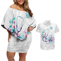 New Zealand Nurses RN Personalised Couples Matching Off Shoulder Short Dress and Hawaiian Shirt Stethoscope Floral Maori Motif