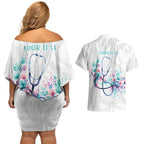 New Zealand Nurses RN Personalised Couples Matching Off Shoulder Short Dress and Hawaiian Shirt Stethoscope Floral Maori Motif