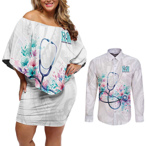 New Zealand Nurses RN Personalised Couples Matching Off Shoulder Short Dress and Long Sleeve Button Shirt Stethoscope Floral Maori Motif