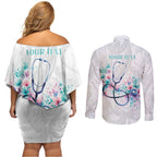 New Zealand Nurses RN Personalised Couples Matching Off Shoulder Short Dress and Long Sleeve Button Shirt Stethoscope Floral Maori Motif