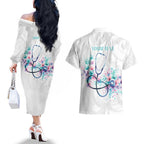 New Zealand Nurses RN Personalised Couples Matching Off The Shoulder Long Sleeve Dress and Hawaiian Shirt Stethoscope Floral Maori Motif