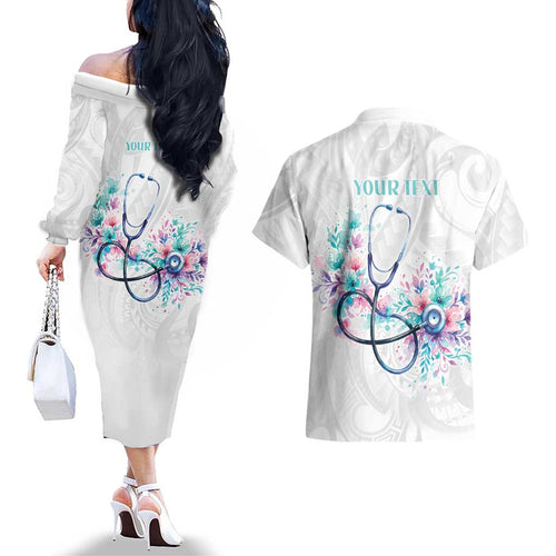 New Zealand Nurses RN Personalised Couples Matching Off The Shoulder Long Sleeve Dress and Hawaiian Shirt Stethoscope Floral Maori Motif