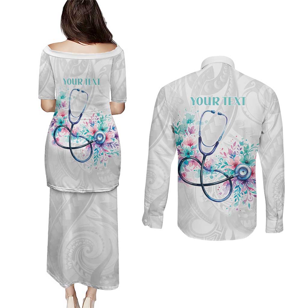New Zealand Nurses RN Personalised Couples Matching Puletasi and Long Sleeve Button Shirt Stethoscope Floral Maori Motif