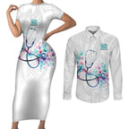 New Zealand Nurses RN Personalised Couples Matching Short Sleeve Bodycon Dress and Long Sleeve Button Shirt Stethoscope Floral Maori Motif