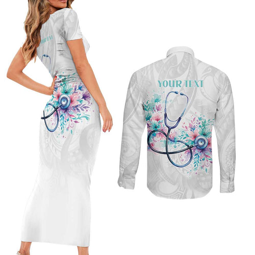 New Zealand Nurses RN Personalised Couples Matching Short Sleeve Bodycon Dress and Long Sleeve Button Shirt Stethoscope Floral Maori Motif