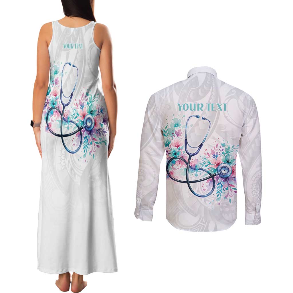 New Zealand Nurses RN Personalised Couples Matching Tank Maxi Dress and Long Sleeve Button Shirt Stethoscope Floral Maori Motif