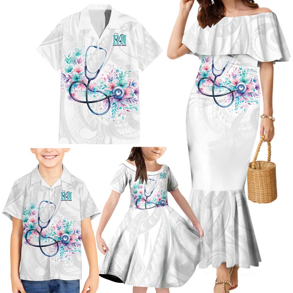 New Zealand Nurses RN Personalised Family Matching Mermaid Dress and Hawaiian Shirt Stethoscope Floral Maori Motif