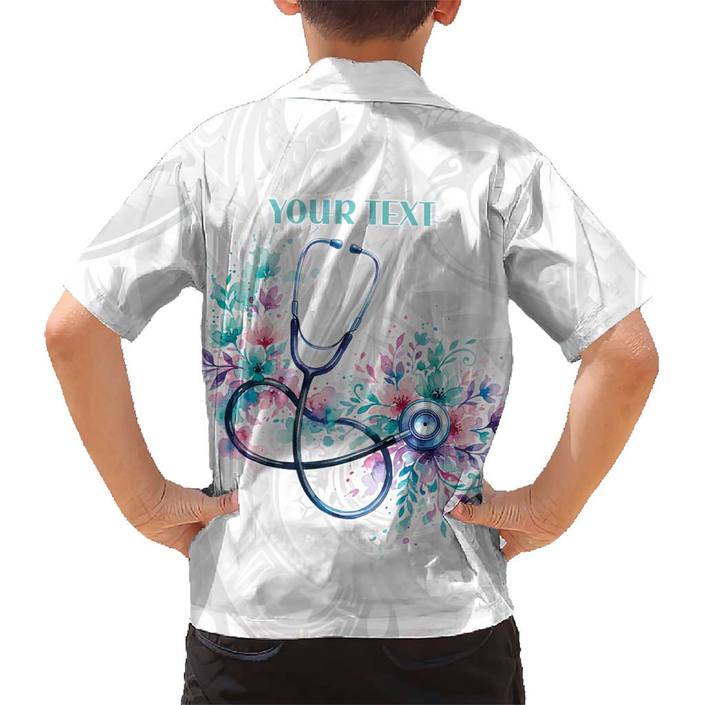 New Zealand Nurses RN Personalised Family Matching Off The Shoulder Long Sleeve Dress and Hawaiian Shirt Stethoscope Floral Maori Motif