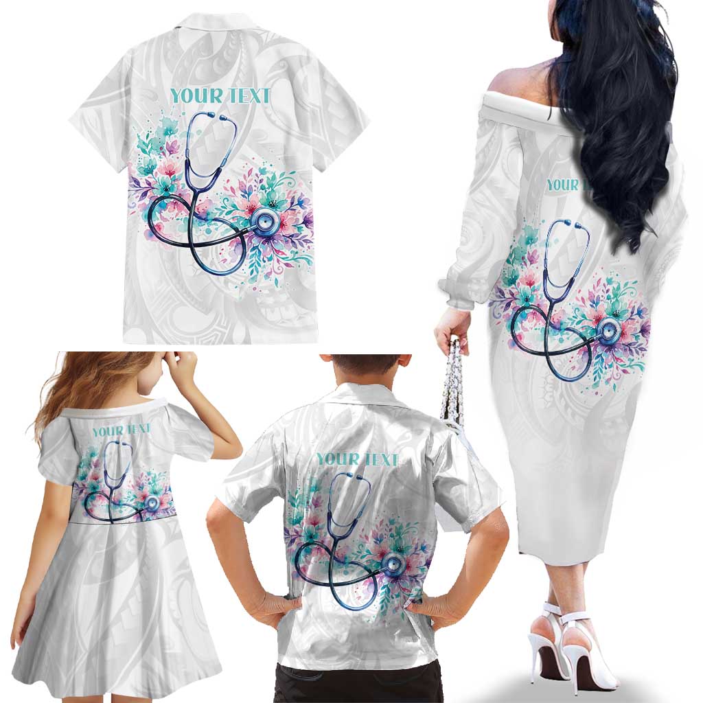 New Zealand Nurses RN Personalised Family Matching Off The Shoulder Long Sleeve Dress and Hawaiian Shirt Stethoscope Floral Maori Motif