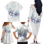 New Zealand Nurses RN Personalised Family Matching Off The Shoulder Long Sleeve Dress and Hawaiian Shirt Stethoscope Floral Maori Motif