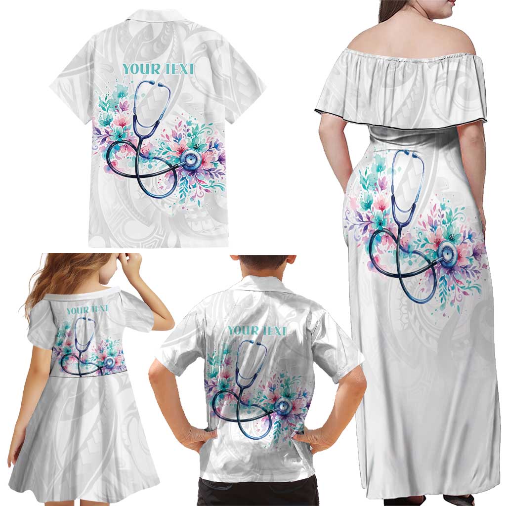 New Zealand Nurses RN Personalised Family Matching Off Shoulder Maxi Dress and Hawaiian Shirt Stethoscope Floral Maori Motif