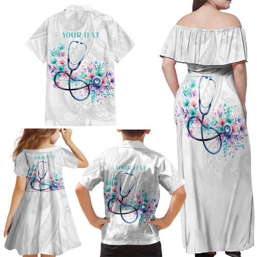 New Zealand Nurses RN Personalised Family Matching Off Shoulder Maxi Dress and Hawaiian Shirt Stethoscope Floral Maori Motif