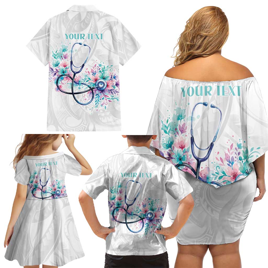 New Zealand Nurses RN Personalised Family Matching Off Shoulder Short Dress and Hawaiian Shirt Stethoscope Floral Maori Motif