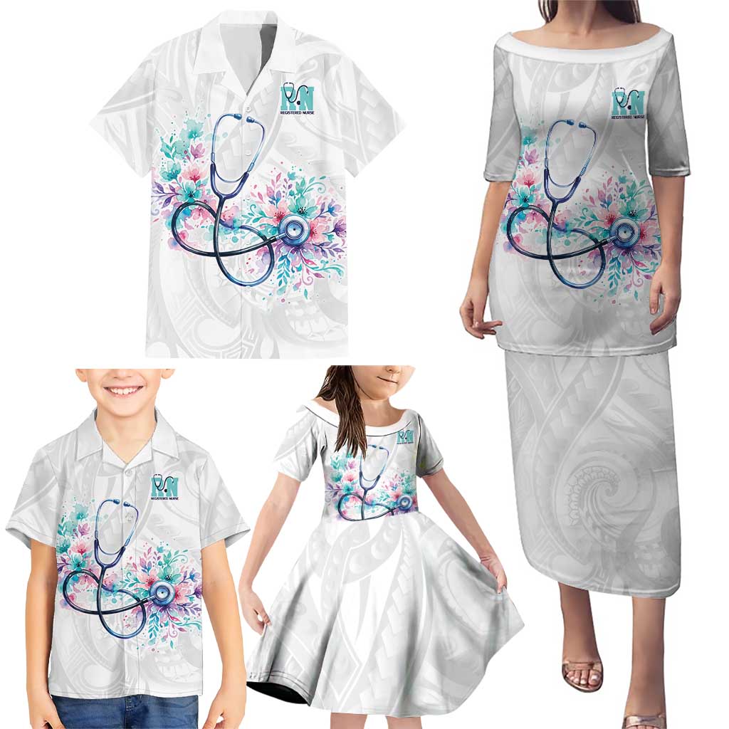 New Zealand Nurses RN Personalised Family Matching Puletasi and Hawaiian Shirt Stethoscope Floral Maori Motif