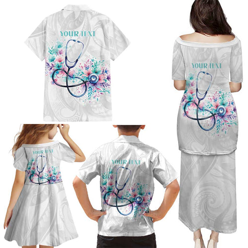 New Zealand Nurses RN Personalised Family Matching Puletasi and Hawaiian Shirt Stethoscope Floral Maori Motif