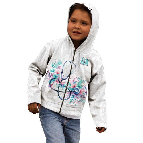 New Zealand Nurses RN Personalised Kid Hoodie Stethoscope Floral Maori Motif