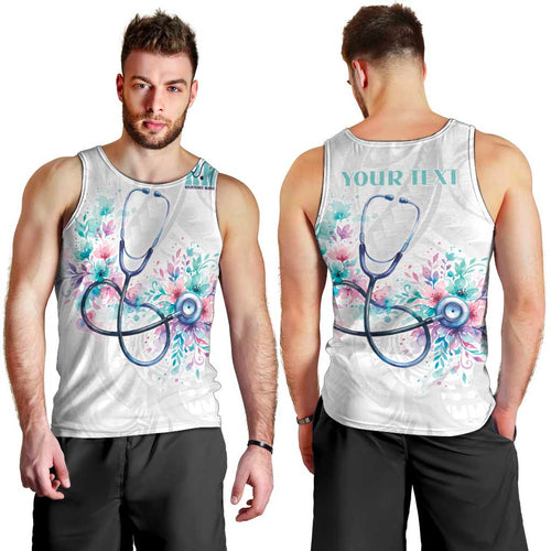 New Zealand Nurses RN Personalised Men Tank Top Stethoscope Floral Maori Motif