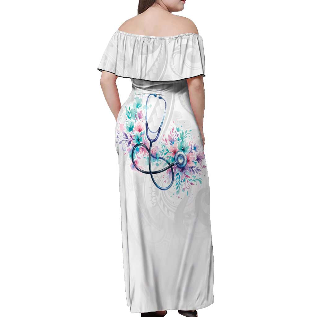 New Zealand Nurses RN Personalised Off Shoulder Maxi Dress Stethoscope Floral Maori Motif