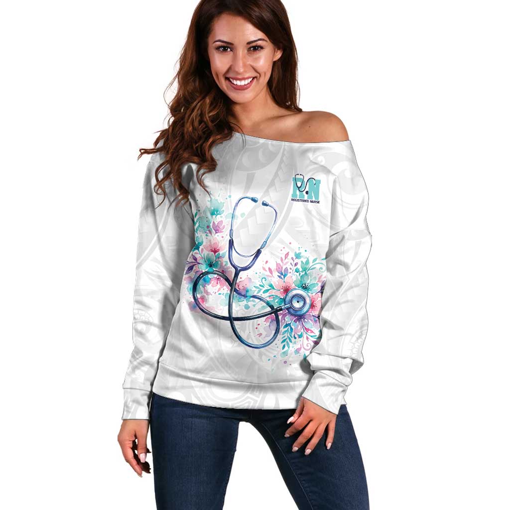 New Zealand Nurses RN Personalised Off Shoulder Sweater Stethoscope Floral Maori Motif