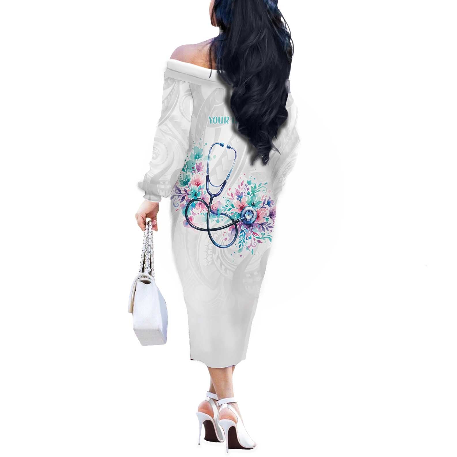 New Zealand Nurses RN Personalised Off The Shoulder Long Sleeve Dress Stethoscope Floral Maori Motif