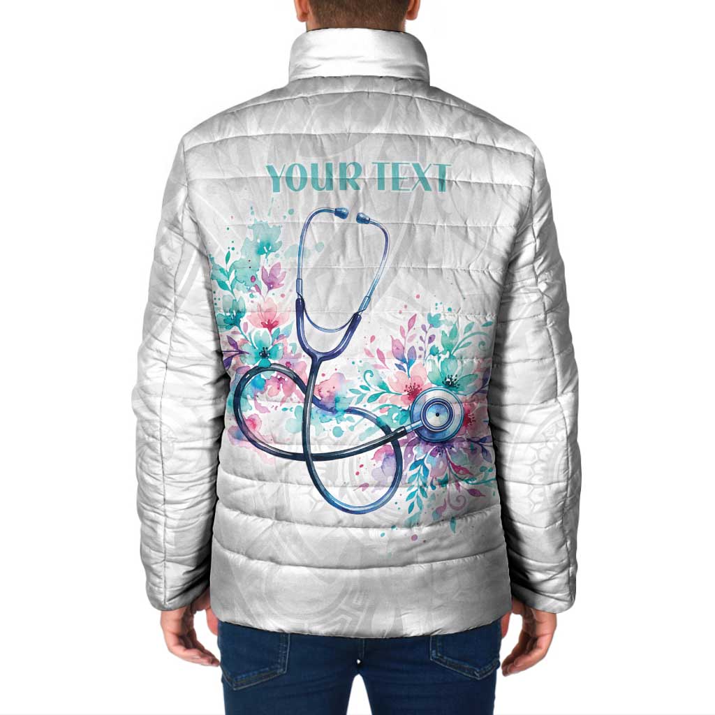 New Zealand Nurses RN Personalised Padded Jacket Stethoscope Floral Maori Motif
