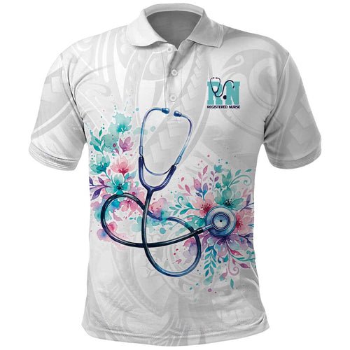 New Zealand Nurses RN Personalised Polo Shirt Stethoscope Floral Maori Motif