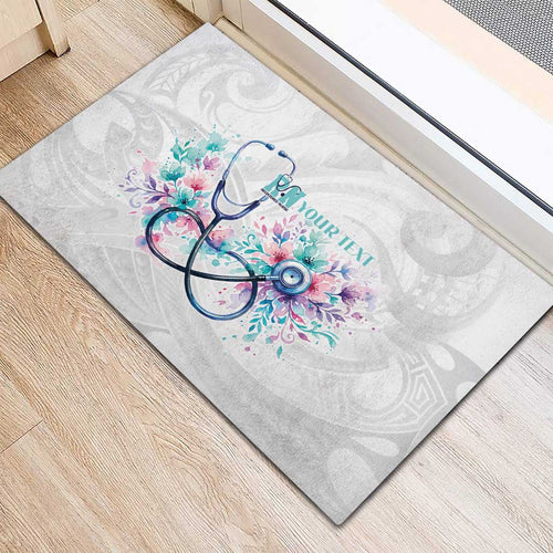 New Zealand Nurses RN Personalised Rubber Doormat Stethoscope Floral Maori Motif