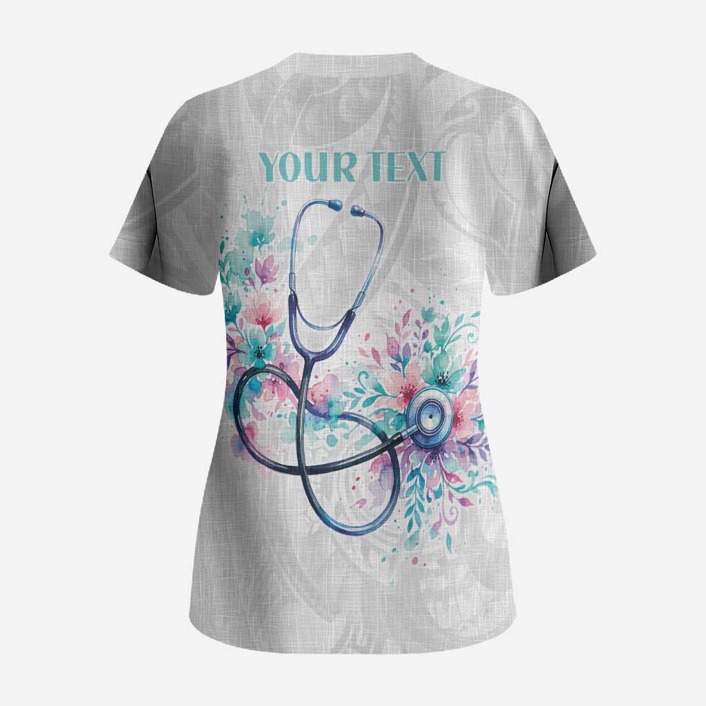 New Zealand Nurses RN Personalised Scrub Top Stethoscope Floral Maori Motif