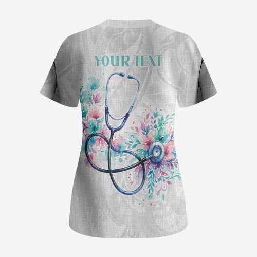 New Zealand Nurses RN Personalised Scrub Top Stethoscope Floral Maori Motif