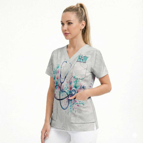 New Zealand Nurses RN Personalised Scrub Top Stethoscope Floral Maori Motif