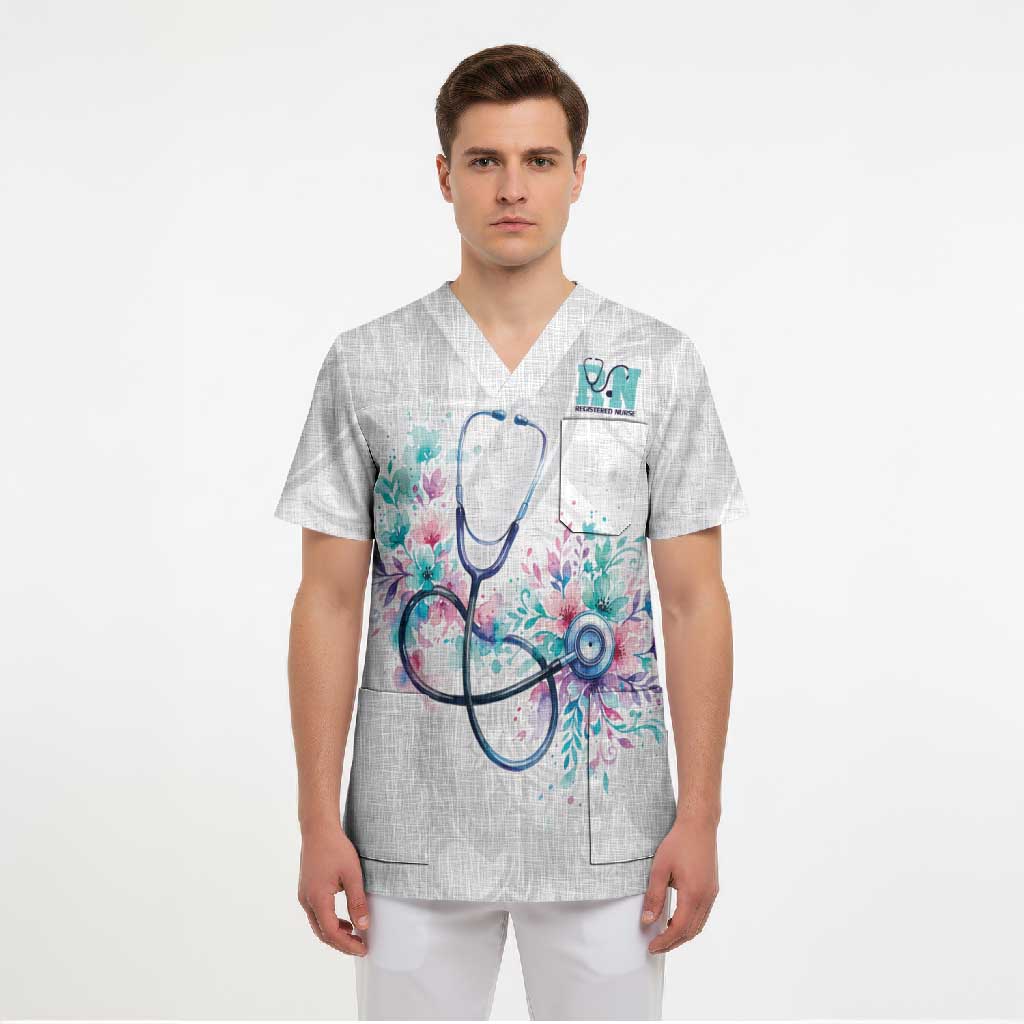 New Zealand Nurses RN Personalised Scrub Top Stethoscope Floral Maori Motif