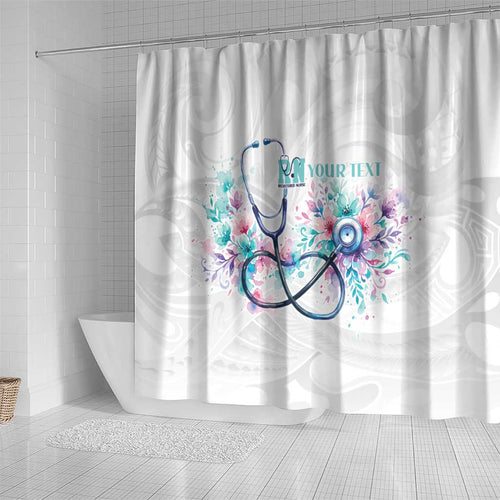 New Zealand Nurses RN Personalised Shower Curtain Stethoscope Floral Maori Motif